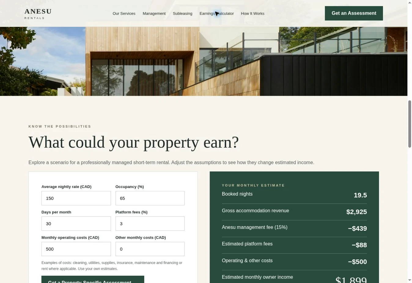 Anesu Rentals website calculator